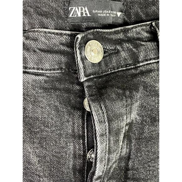 Zara Straight Leg High Rise Crop Raw Hem Button Fly Stretch Jean 8 Black Washed - Picture 8 of 15